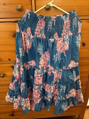 Lilly Pulitzer Blue Tiered Skirt with Pink Floral Print